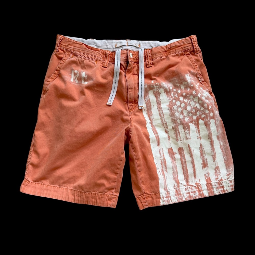 Y2K Polo Ralph Lauren‎ Orange American Flag Chino Shorts Drawstring Sz 38